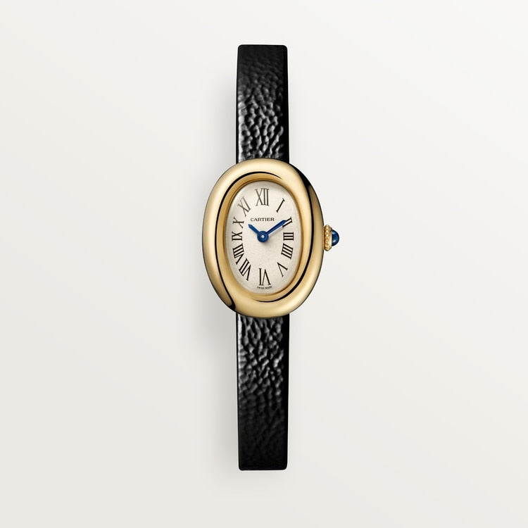 Baignoire Mini 24.6mm x 18.7mm Yellow Gold Beaded Crown Sapphire Cabochon Silvered Dial Black Patent Leather Strap Quartz Watch