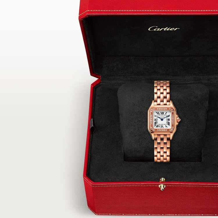 Panthère de Cartier Small 22mm x 30mm Rose Gold Diamond Bezel Diamond Crown Silvered Dial Rose Gold Bracelet Quartz Watch