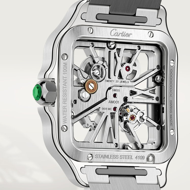 Santos de Cartier Skeleton Large 39.8mm Steel Green Jasper Crown Skeleton Dial Steel Bracelet Manual-Winding Watch