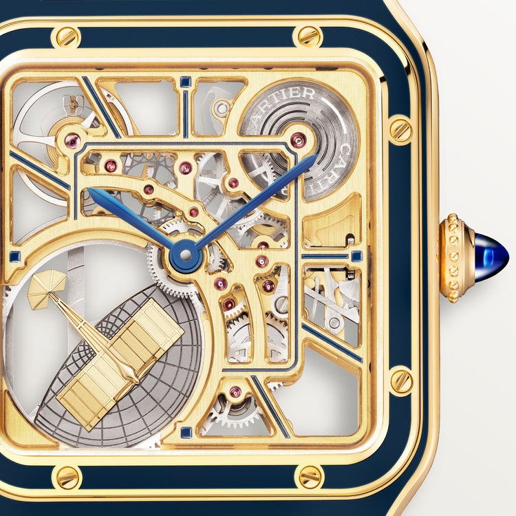 Santos-Dumont Skeleton Large 31mm Yellow Gold Blue Crown Skeleton Dial Blue Alligator Strap Self-Winding Watch