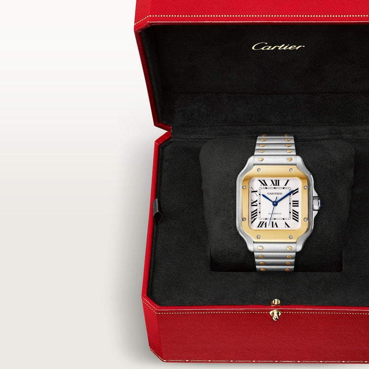 Santos de Cartier Medium 35.1mm Steel Yellow Gold Bezel Silvered Opaline Dial Steel Bracelet Self-Winding Watch