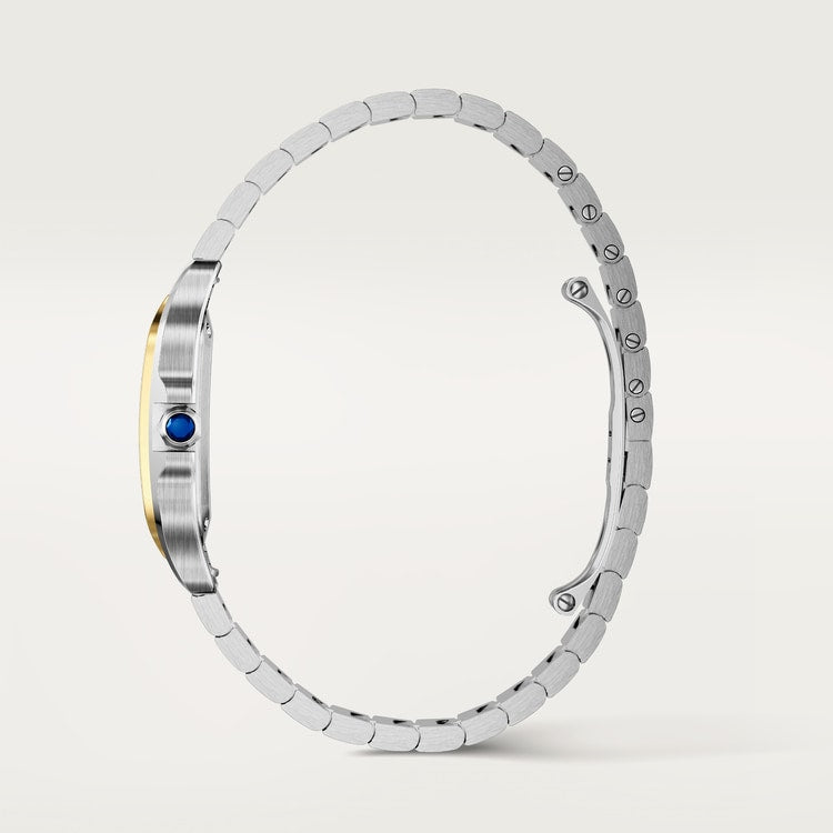 Santos de Cartier Small 34.5mm x 27mm Gold Steel Blue Crown Silver Sunray Dial Steel Bracelet Quartz Watch