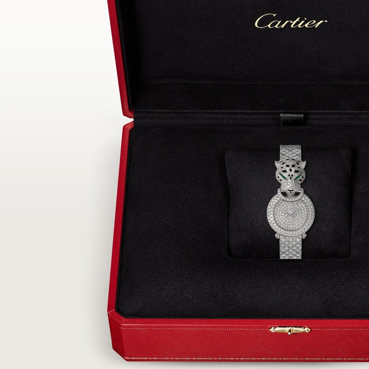 Panthère Mini 23.6mm White Gold Diamond Bezel Emerald Eyes Diamond Dial White Gold Bracelet Quartz Watch
