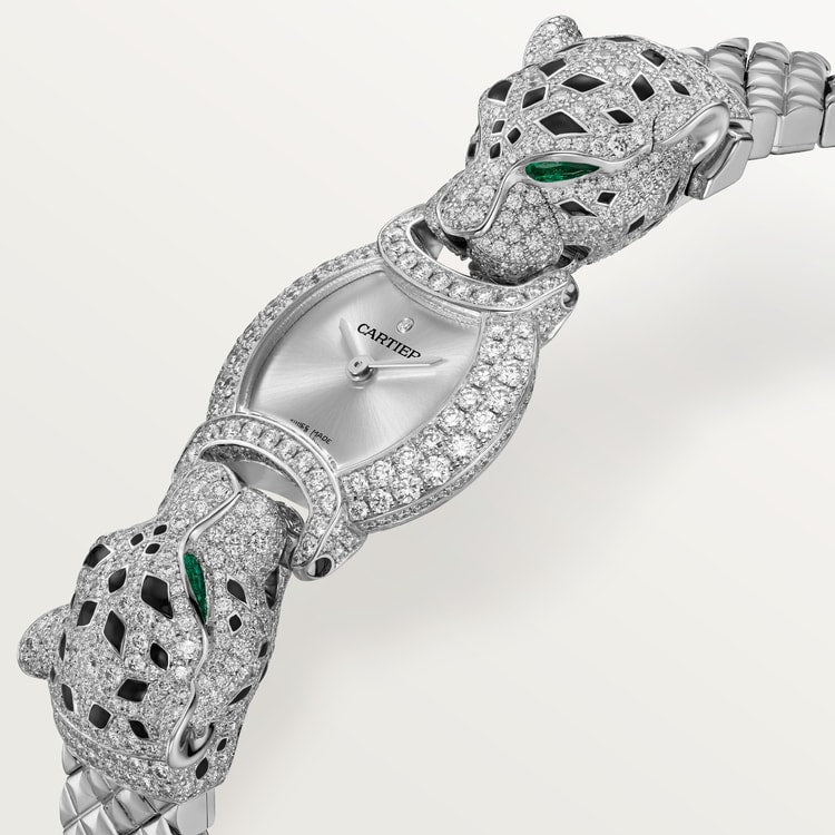 Panthère Mini 22.2mm White Gold Diamond Case Emerald Eyes Silvered Dial White Gold Bracelet Quartz Watch