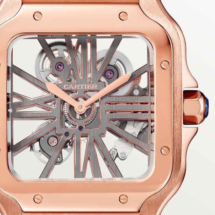 Santos de Cartier Large 39.7mm Rose Gold Blue Crown Skeleton Dial Rose Gold Bracelet Manual-Winding Watch