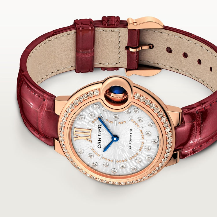 Ballon Bleu 33mm Rose Gold Diamond Case Silver Guilloché Dial Alligator Strap Automatic Watch