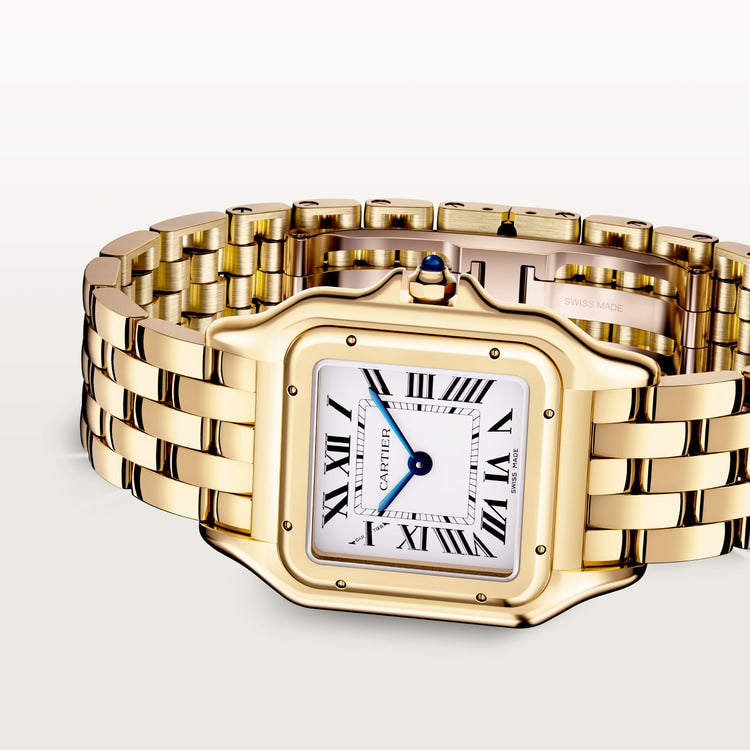 Panthère Medium 29mm x 37mm Yellow Gold Blue Sapphire Crown Silvered Dial Yellow Gold Bracelet Quartz Watch