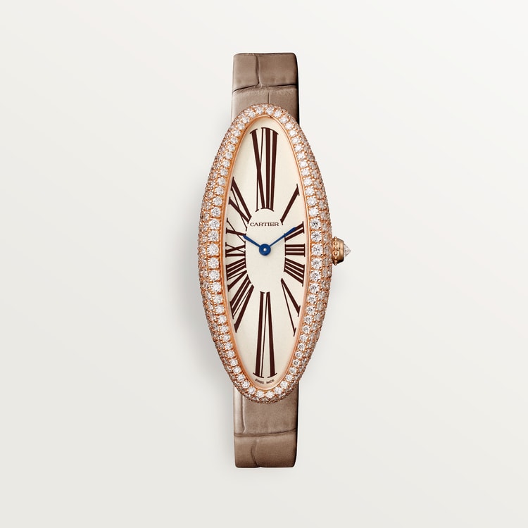 Baignoire Allongée Medium 47mm x 21mm Rose Gold Diamond Case Diamond Crown Silvered Dial Taupe Alligator Strap Manual Wind Watch