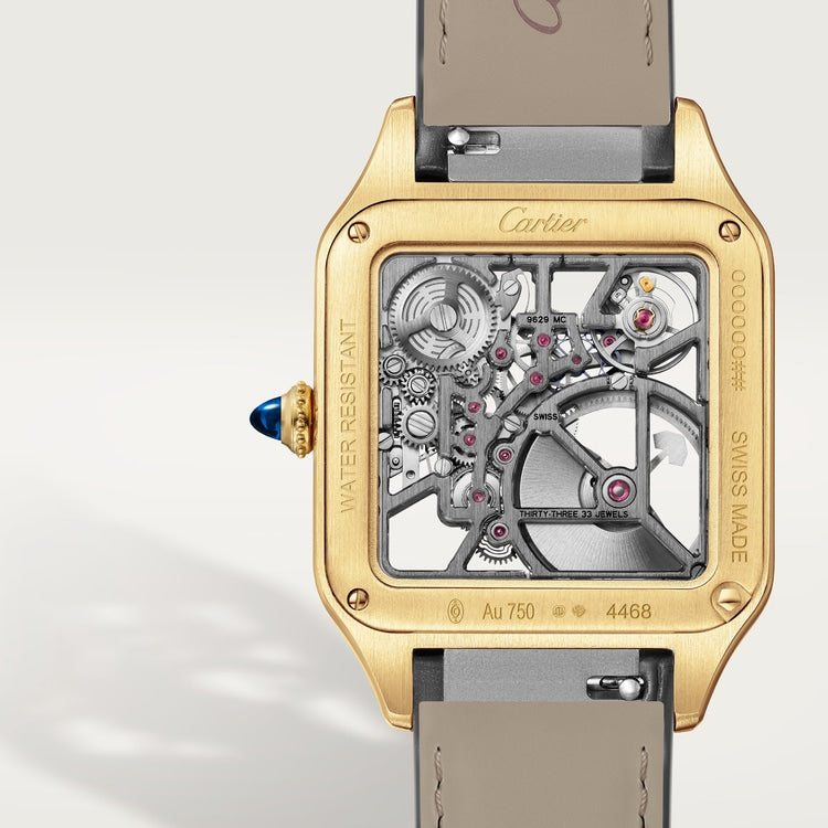 Santos-Dumont Large 43.5mm x 31.4mm Yellow Gold Skeleton Dial Alligator Strap Self-Winding Watch