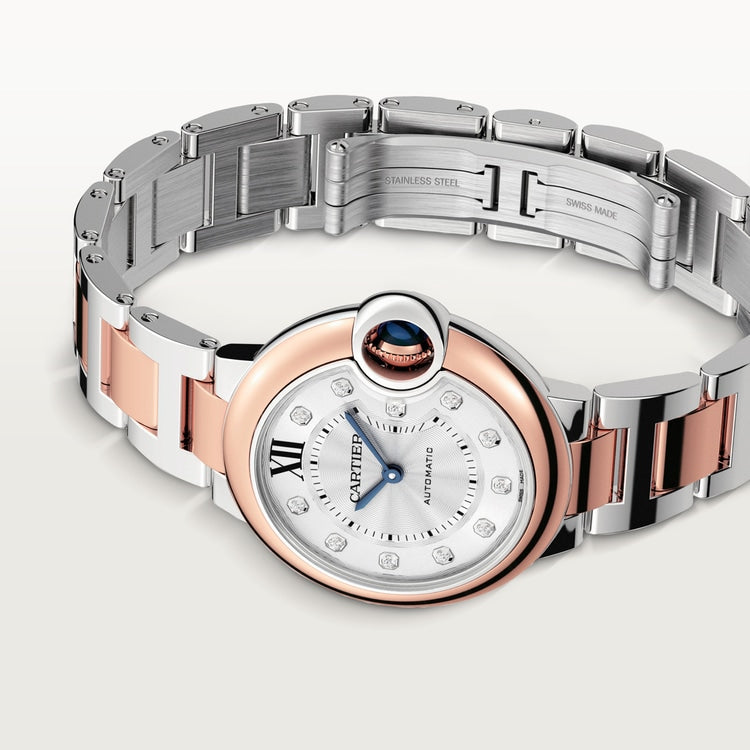 Ballon Bleu 33mm Steel Rose Gold Automatic Silver Guilloché Dial Two-Tone Bracelet Watch