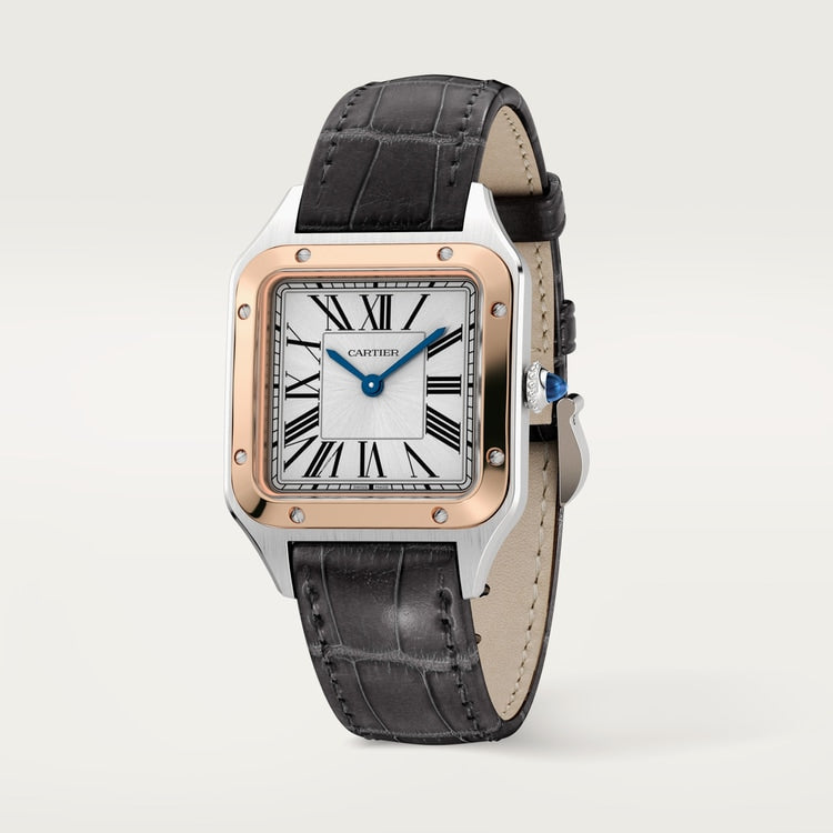 Santos-Dumont Small 38mm x 27.5mm Steel Rose Gold Blue Crown Silver Sunray Dial Black Alligator Leather Strap Quartz Watch