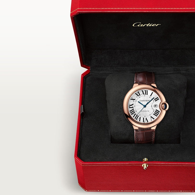 Ballon Bleu 42mm Rose Gold Automatic Silver Guilloché Dial Alligator Strap Watch