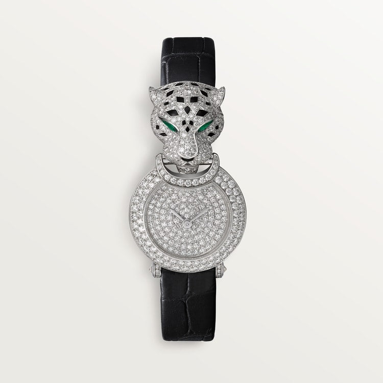 Panthère Small 23.6mm White Gold Diamond Bezel Emerald Eyes Diamond Dial Black Alligator Strap Quartz Watch