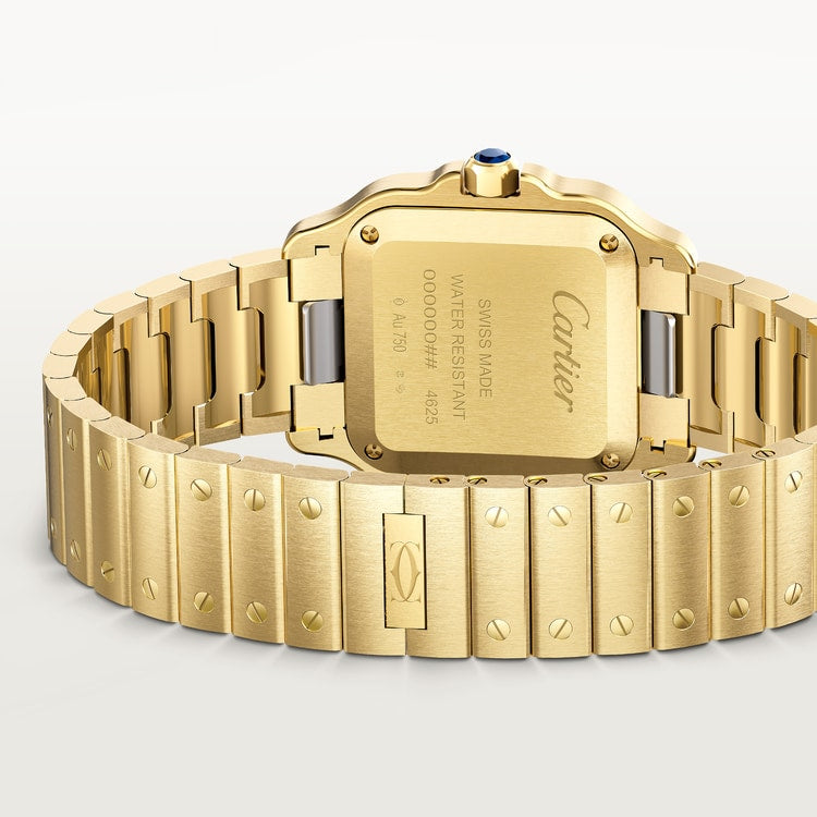 Santos de Cartier Small 34.5mm x 27mm Yellow Gold Blue Crown Silver Sunray Dial Yellow Gold Bracelet Quartz Watch