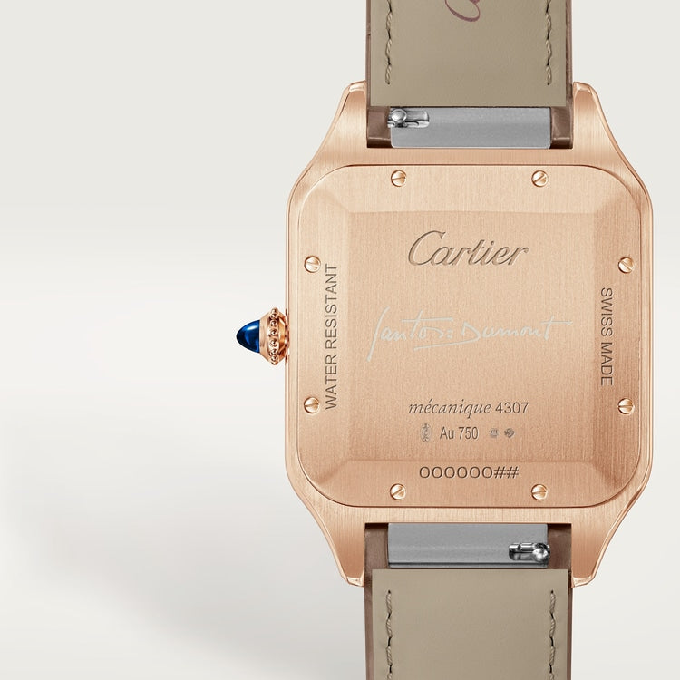 Santos-Dumont Extra-Large 46.6mm x 33.9mm Rose Gold Blue Crown Beige Dial Brown Alligator Strap Manual-Winding Watch