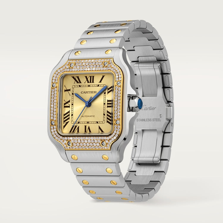 Santos de Cartier Medium 35.1mm Steel Yellow Gold Diamond Bezel Blue Crown Golden Sunray Dial Steel Bracelet Automatic Watch