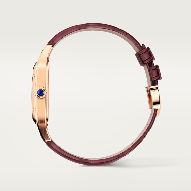 Santos-Dumont Large 43.5mm x 31.4mm Rose Gold Blue Crown Skeleton Dial Burgundy Alligator Strap Self-Winding Watch