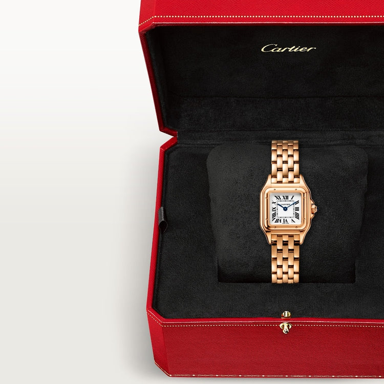 Panthère Small 23mm x 30mm Rose Gold Blue Crown Silvered Dial Rose Gold Bracelet Quartz Watch