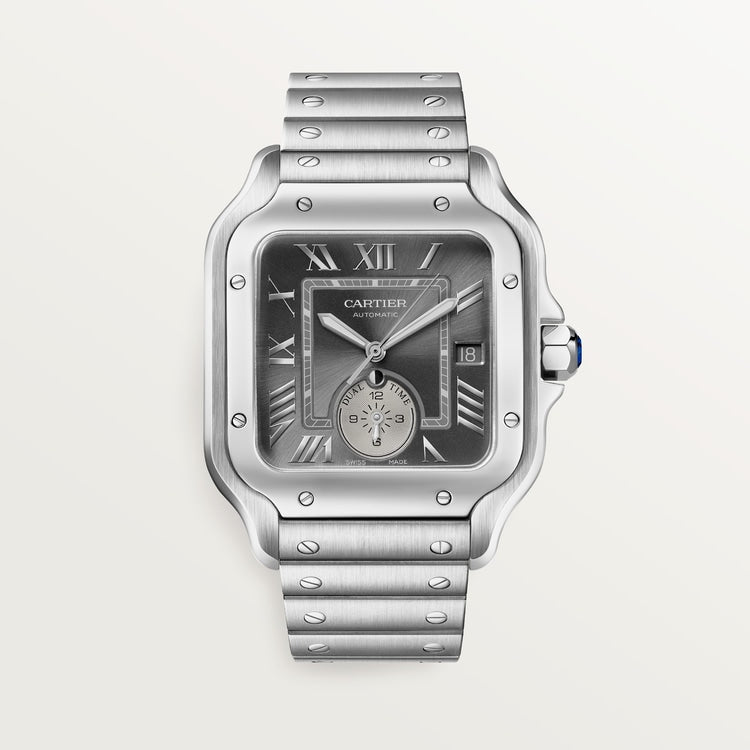 Santos de Cartier Dual Time Large 40.2mm Steel Blue Crown Anthracite Gray Dial Steel Bracelet Automatic Watch