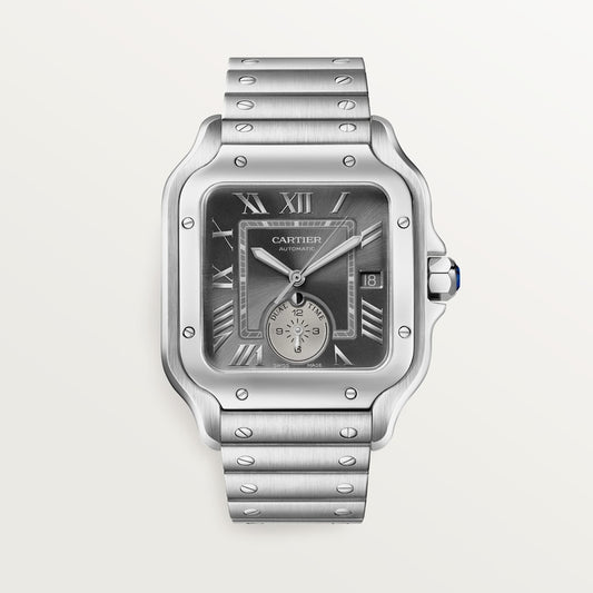 ساعة Santos de Cartier Dual Time كبيرة الحجم 40.2 مم، مصنوعة من الفولاذ، تاج أزرق، ميناء رمادي أنثراسيت، سوار فولاذي، حركة أوتوماتيكية