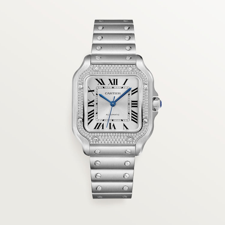 Santos de Cartier Medium 35.1mm Steel Blue Crown Sunray Dial Steel Bracelet Automatic Watch