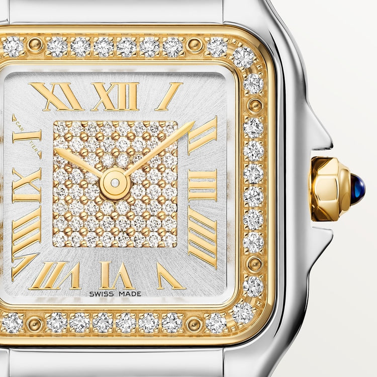 Panthère Small 30.3mm x 22.0mm Yellow Gold and Steel Diamond Case Blue Spinel Crown Silver Dial Gold and Steel Bracelet Quartz Watch