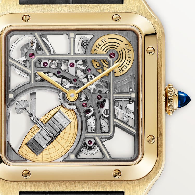 Santos-Dumont Large 43.5mm x 31.4mm Yellow Gold Skeleton Dial Alligator Strap Self-Winding Watch