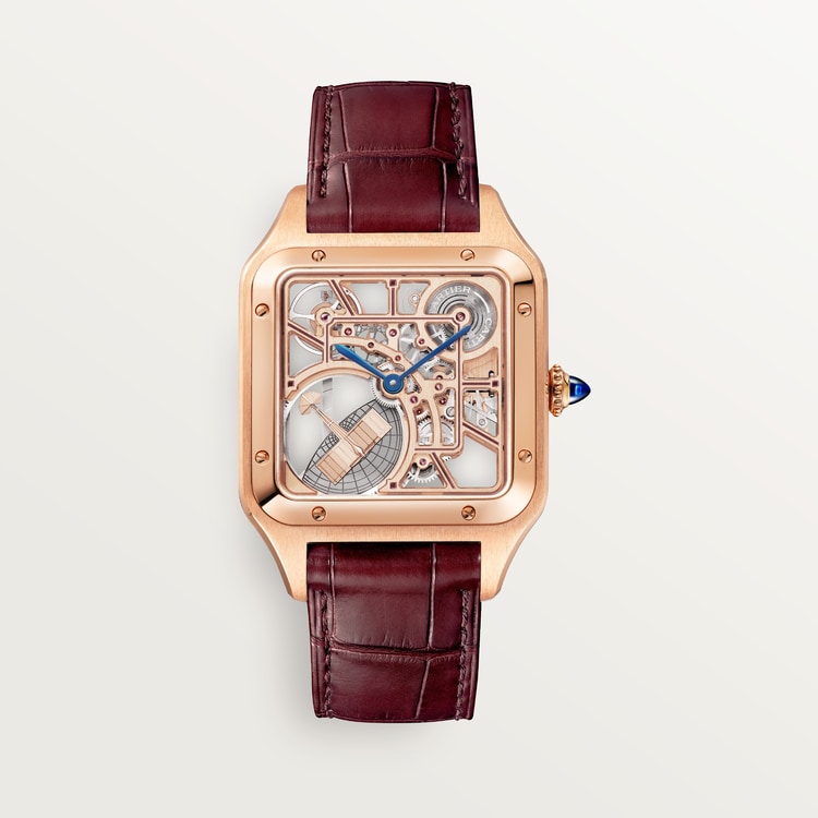 Santos-Dumont Large 43.5mm x 31.4mm Rose Gold Blue Crown Skeleton Dial Burgundy Alligator Strap Self-Winding Watch