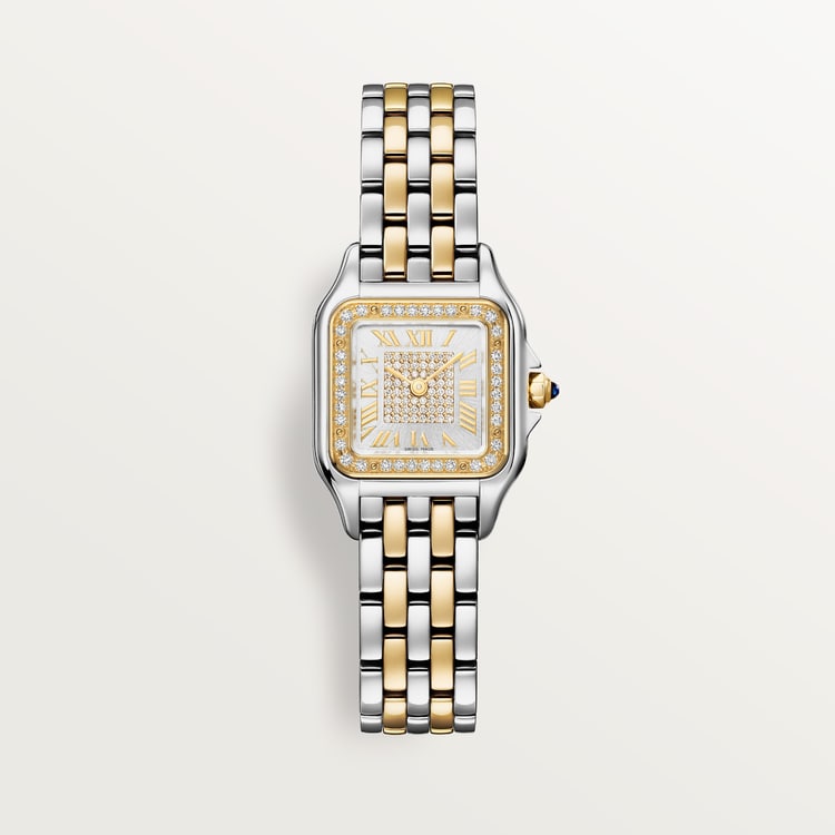 Panthère de Cartier Small 30.3mm x 22mm Yellow Gold Steel Diamond Bezel Blue Crown Silvered Diamond Dial Yellow Gold Steel Bracelet Quartz Watch