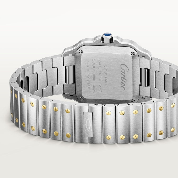 Santos de Cartier Small 34.5mm x 27mm Gold Steel Blue Crown Silver Sunray Dial Steel Bracelet Quartz Watch