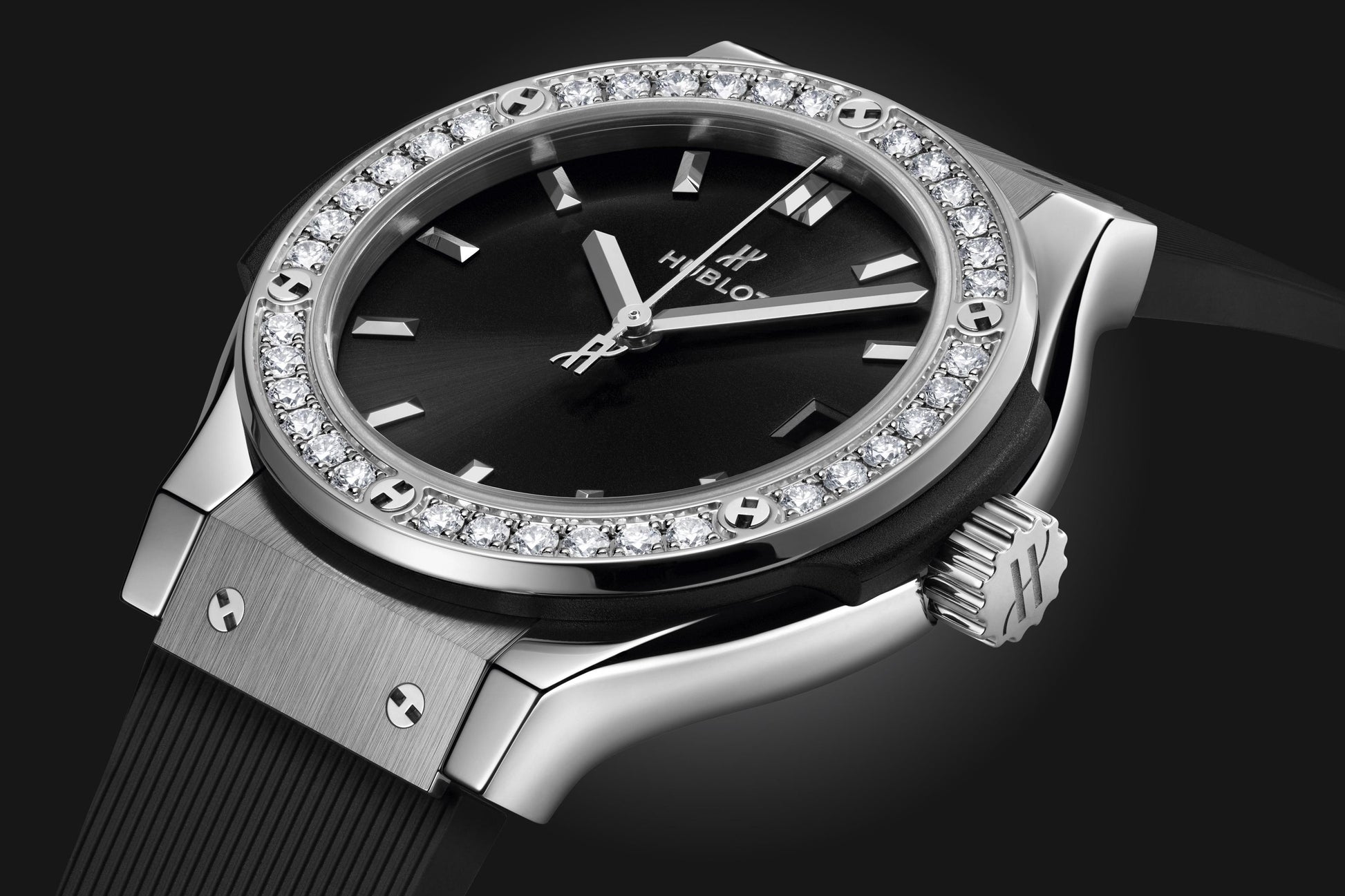 Classic Fusion Titanium Diamonds Satin-finished Black Sunray Dial Black Rubber Strap Watch
