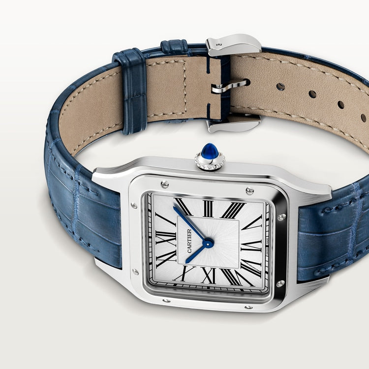 Santos-Dumont Large 43.5mm x 31.4mm Steel Blue Crown Silver Sunray Dial Navy Blue Alligator Leather Strap Quartz Watch