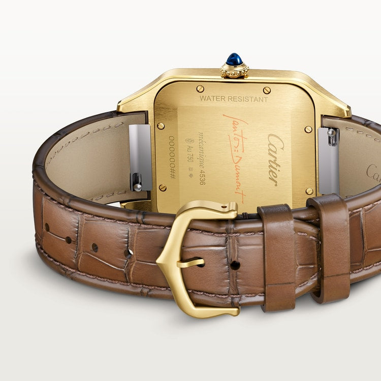 Santos-Dumont Extra-Large 46.6mm x 33.9mm Yellow Gold Wood-Inspired Golden Dial Brown Alligator Strap Self-Winding Watch