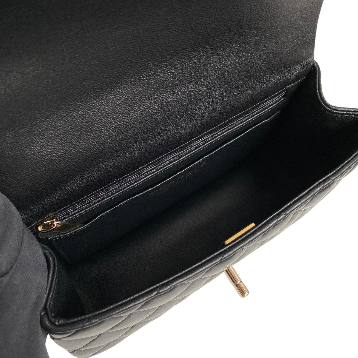 Chanel Flap Bag with Top Handle Black Lambskin Light Gold Hardware