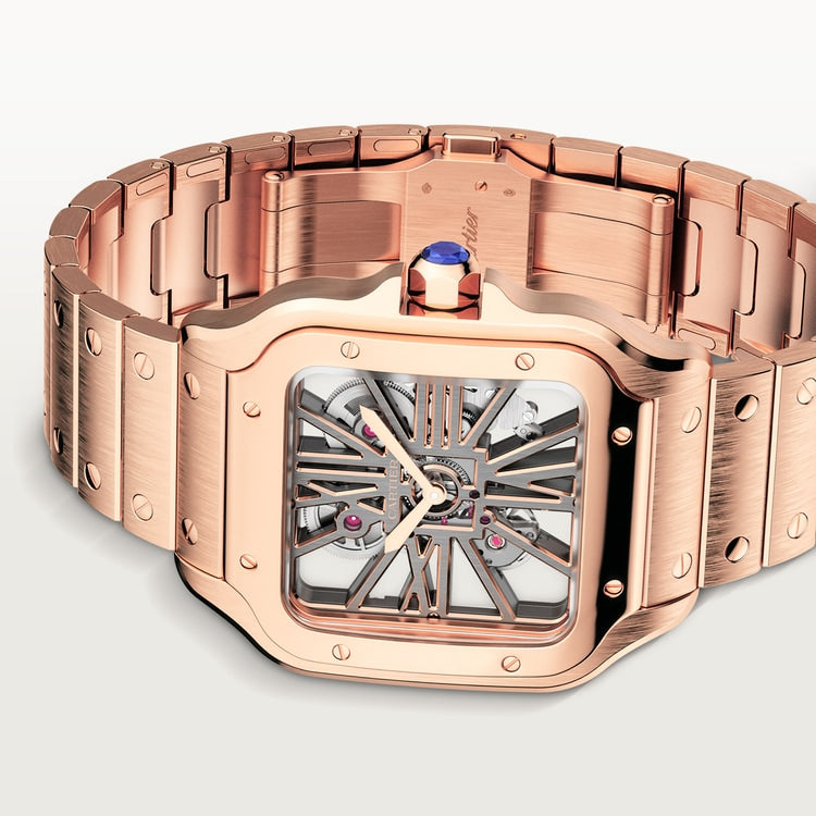 Santos de Cartier Large 39.7mm Rose Gold Blue Crown Skeleton Dial Rose Gold Bracelet Manual-Winding Watch