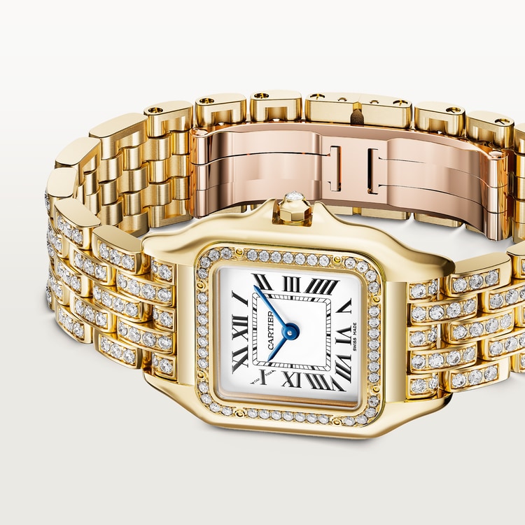 Panthère Medium 36.5mm x 26.7mm Yellow Gold Diamond Bezel Diamond Crown Silvered Dial Yellow Gold Diamond Bracelet Quartz Watch