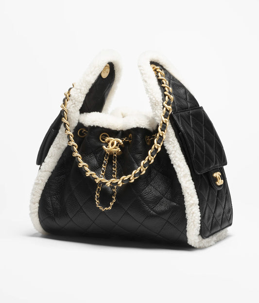 Chanel 25  Shearling Sheepskin & Gold-Tone Metal  Black & White 01
