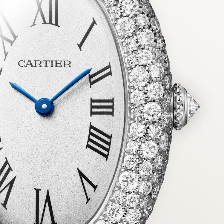 Baignoire Medium 36mm x 26mm White Gold Diamond Case Diamond Crown Silvered Dial Navy Blue Alligator Strap Quartz Watch
