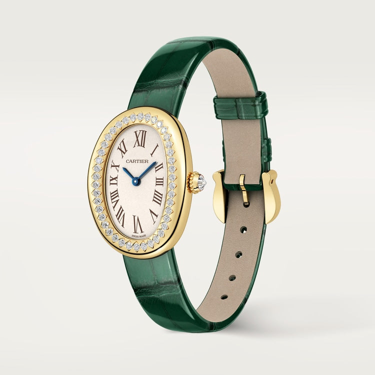 Baignoire Mini 31.4mm x 23.09mm Yellow Gold Diamond Case Diamond Crown Silvered Dial Green Alligator Strap Quartz Watch