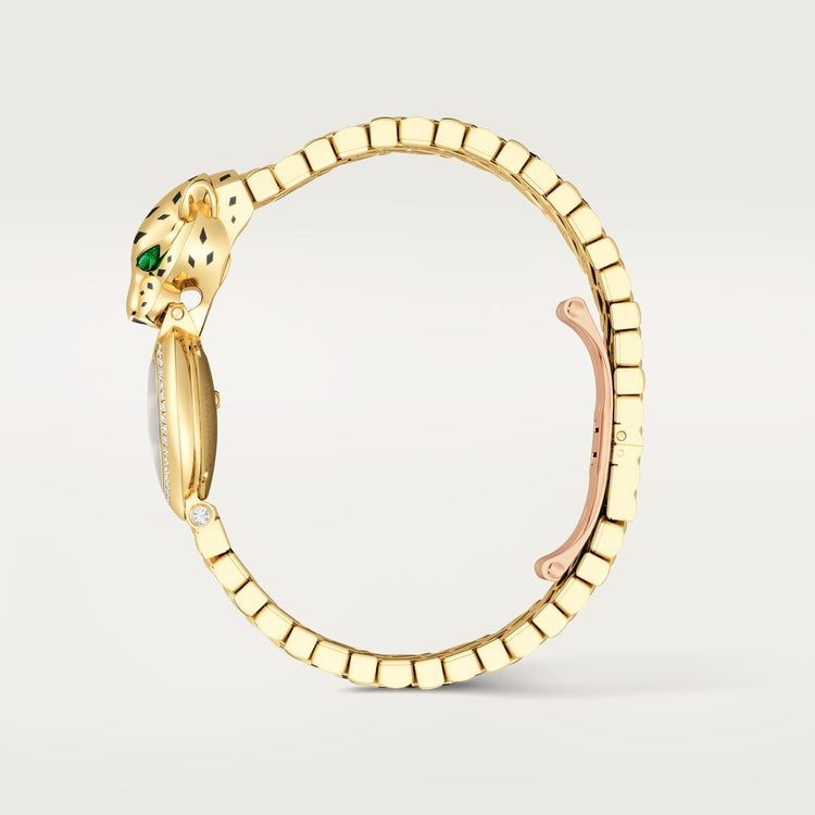 Panthère de Cartier Small 23.6mm Yellow Gold Diamond Bezel Tsavorite Eyes Golden Dial Yellow Gold Bracelet Quartz Watch