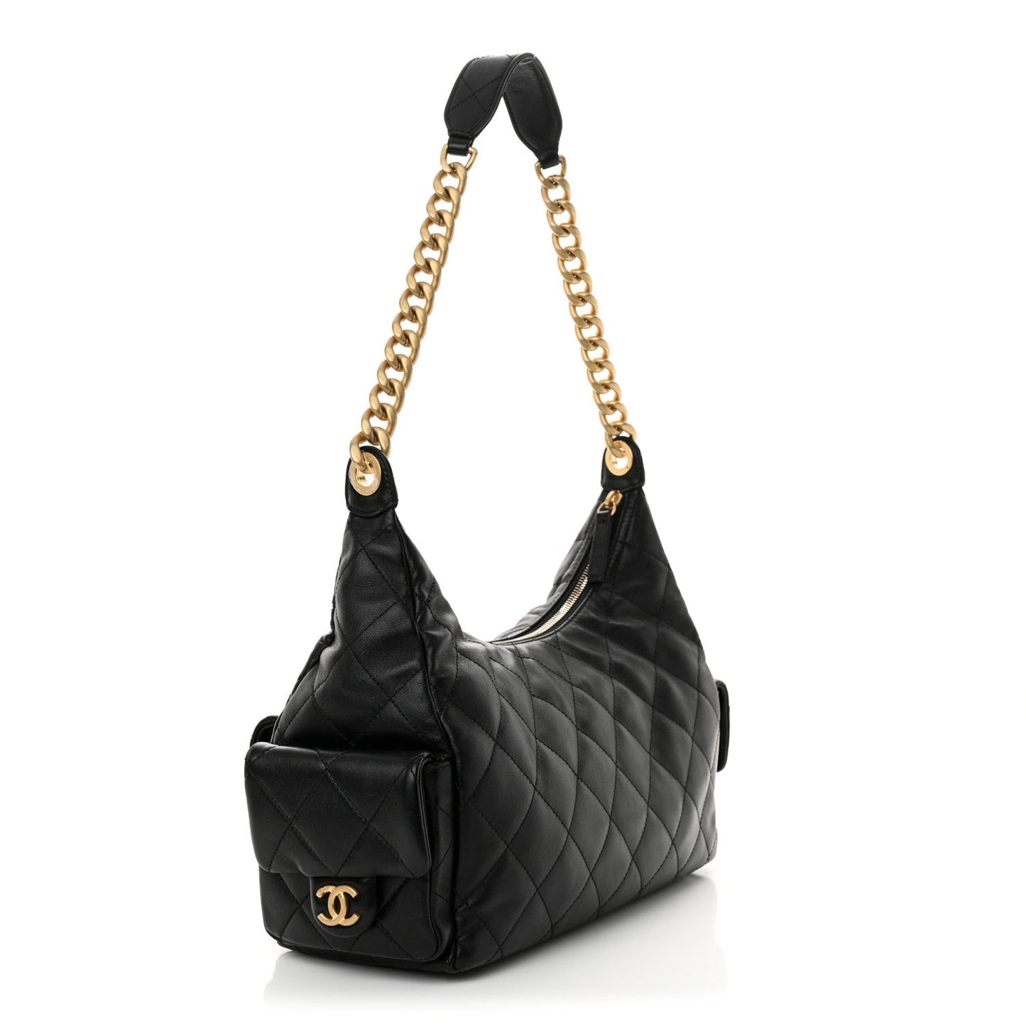 Shiny Lambskin Quilted Trendy Pockets Hobo Black