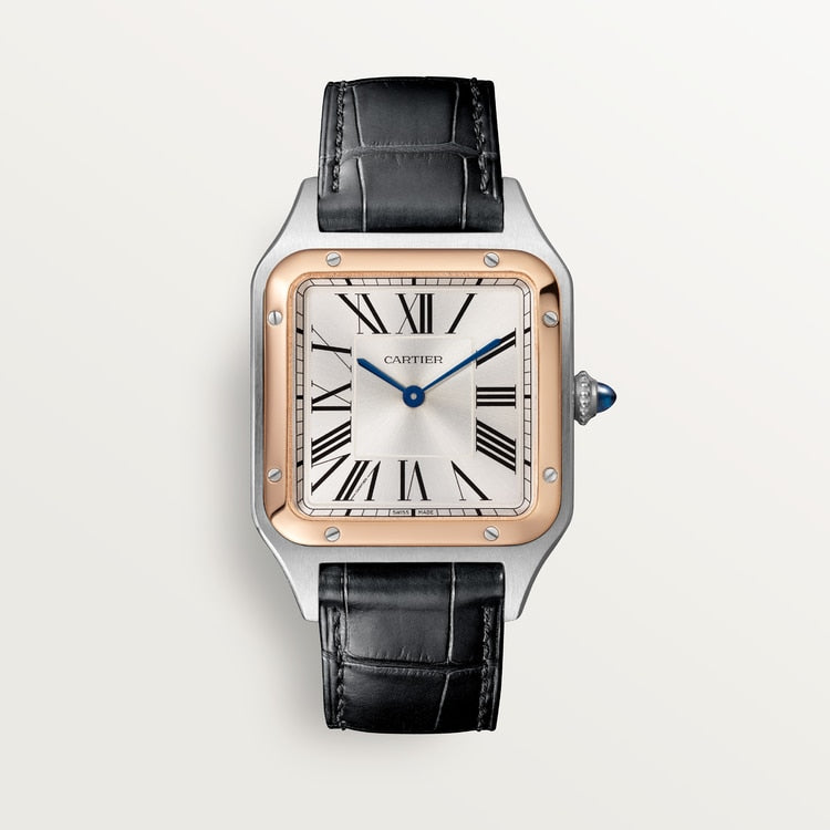 Santos-Dumont Large 43.5mm x 31.4mm Rose Gold Steel Blue Crown Silver Sunray Dial Alligator Leather Strap Quartz Watch