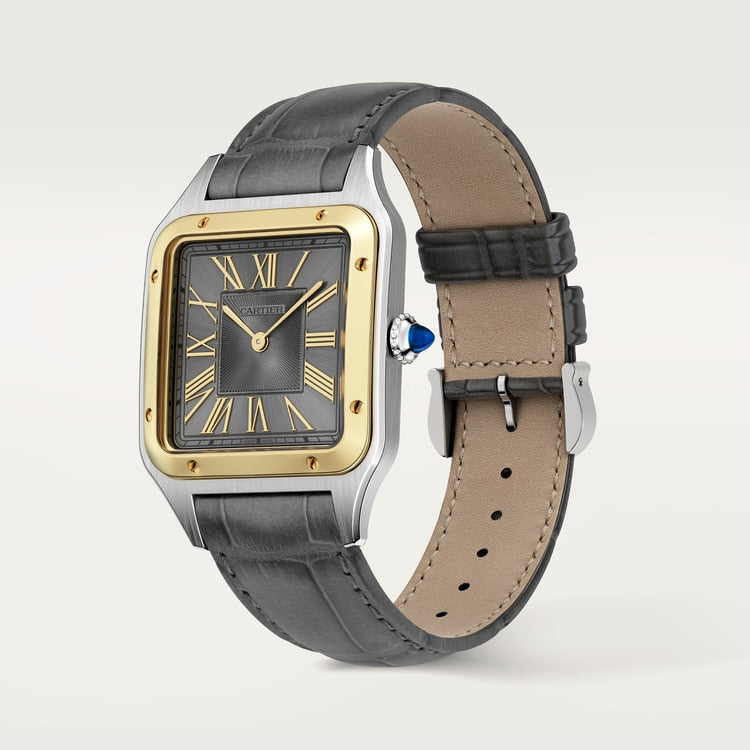 Santos-Dumont Large 43.5mm x 31.4mm Steel Yellow Gold Bezel Gray Dial Alligator Strap Quartz Watch