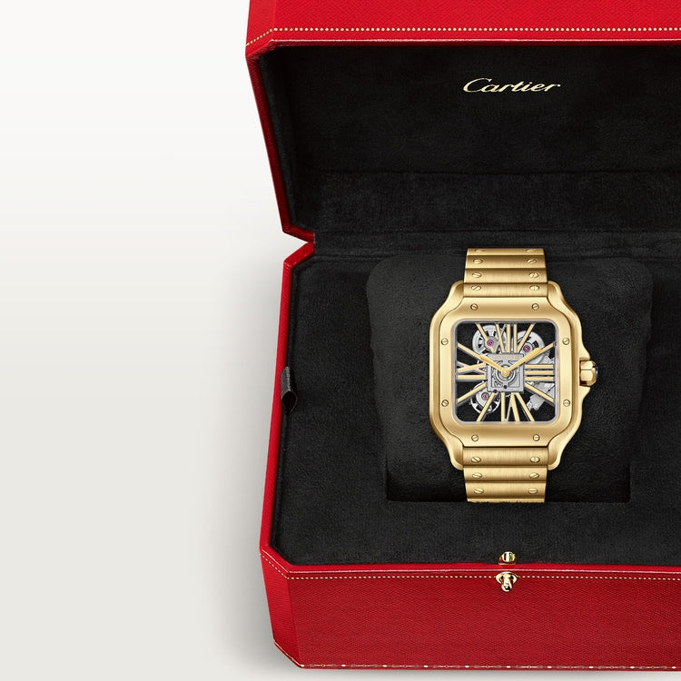 Santos de Cartier Large 39.7mm Yellow Gold Blue Crown Skeleton Dial Yellow Gold Bracelet Manual-Winding Watch