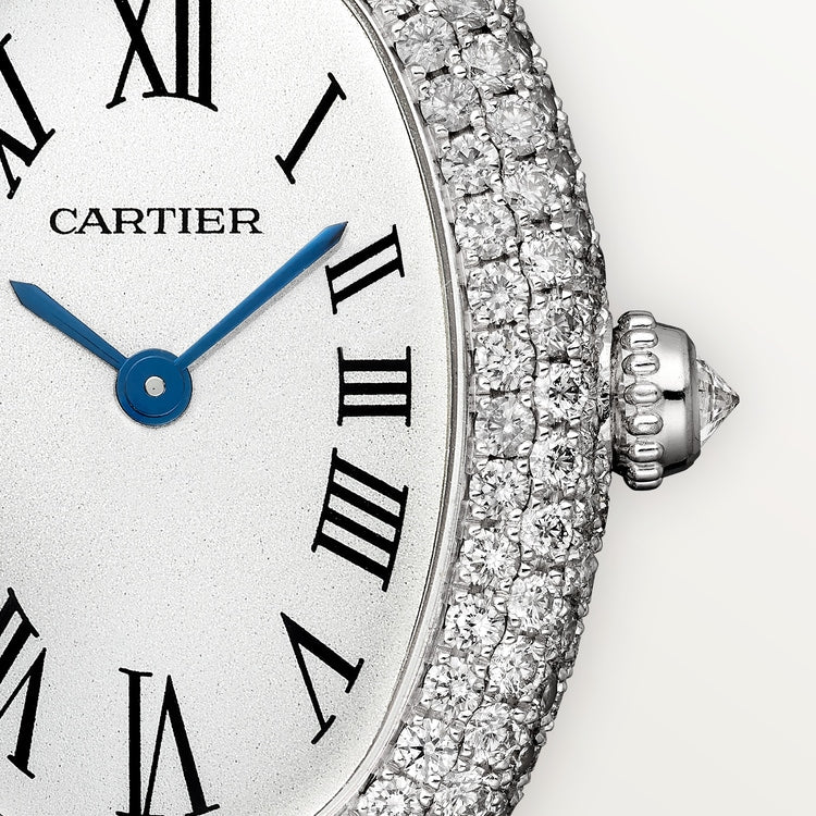 Baignoire Small 32mm x 26mm White Gold Diamond Case Diamond Crown Silvered Dial Navy Blue Alligator Strap Quartz Watch