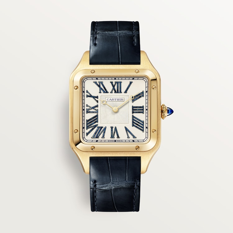Santos-Dumont XL 46.6mm x 33.9mm Yellow Gold Blue Dumortierite Dial Alligator Strap Manual-Winding Watch