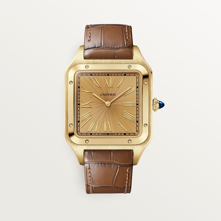 Santos-Dumont Extra-Large 46.6mm x 33.9mm Yellow Gold Wood-Inspired Golden Dial Brown Alligator Strap Self-Winding Watch