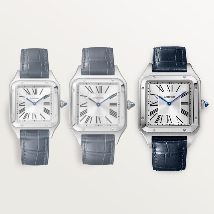Santos-Dumont Extra-Large 46.6mm x 33.9mm Steel Silvered Satin-Finish Dial Navy Blue Alligator Strap Manual-Winding Watch