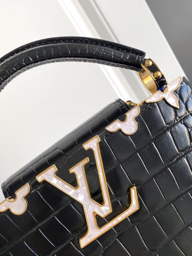 Capucines Mini Taurillon Leather Python Trim Top Handle Bag