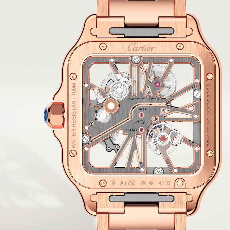 Santos de Cartier Large 39.7mm Rose Gold Blue Crown Skeleton Dial Rose Gold Bracelet Manual-Winding Watch